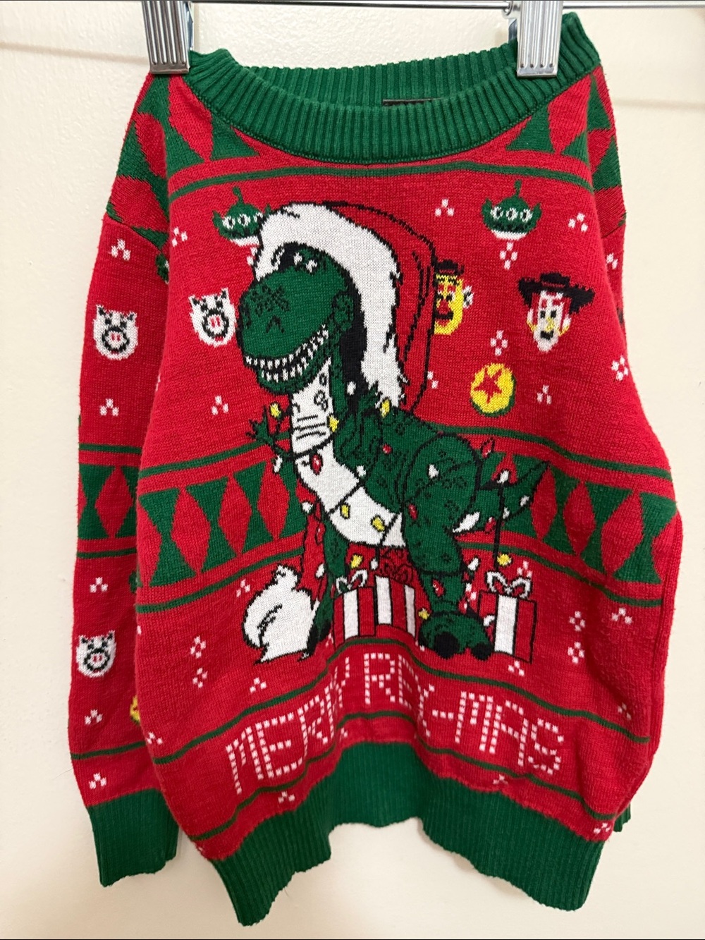 Toy Story Red & Green Dinosaur Christmas Knit Sweater